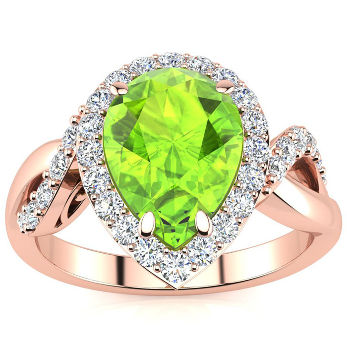 2.5 Carat Pear Shape Peridot & 32 Diamond Ring in 14K Rose Gold (4 g), , Size 4 by SuperJeweler