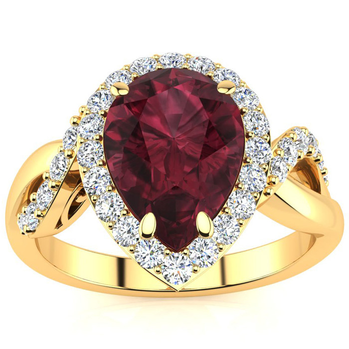 2.5 Carat Pear Shape Garnet & 32 Diamond Ring in 14K Yellow Gold (4 g), , Size 4 by SuperJeweler