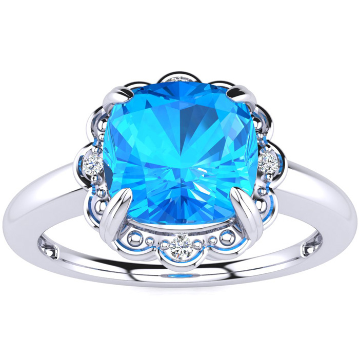 2 Carat Cushion Cut Blue Topaz & 4 Diamond Ring in White Gold (2.80 g), , Size 4 by SuperJeweler