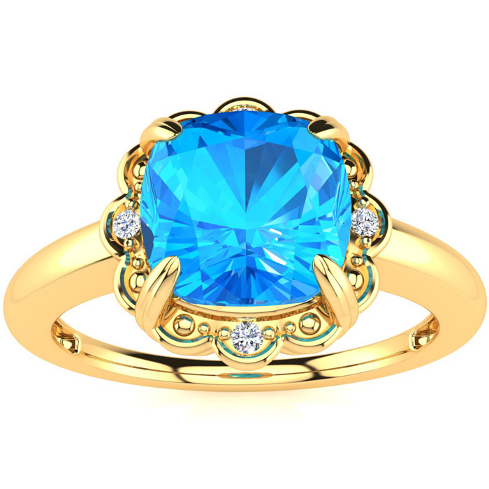 2 Carat Cushion Cut Blue Topaz & 4 Diamond Ring in Yellow Gold (2.80 g), , Size 4 by SuperJeweler