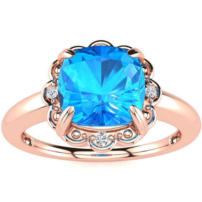 2 Carat Cushion Cut Blue Topaz & 4 Diamond Ring in Rose Gold (2.80 g), , Size 4 by SuperJeweler