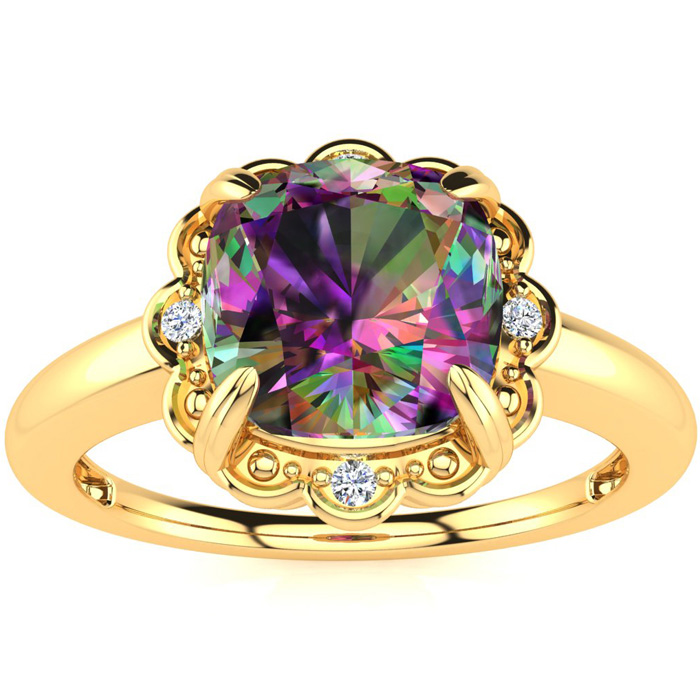 2 Carat Cushion Cut Mystic Topaz & 4 Diamond Ring in Yellow Gold (2.80 g), , Size 4 by SuperJeweler