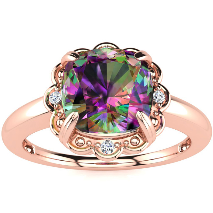 2 Carat Cushion Cut Mystic Topaz & 4 Diamond Ring in Rose Gold (2.80 g), , Size 4 by SuperJeweler