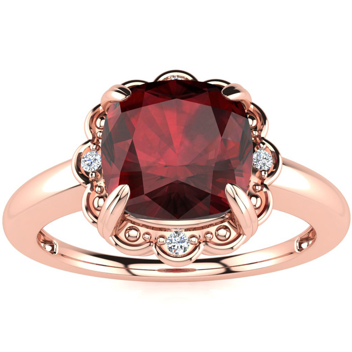 2 Carat Cushion Cut Garnet & 4 Diamond Ring in Rose Gold (2.80 g), , Size 4 by SuperJeweler