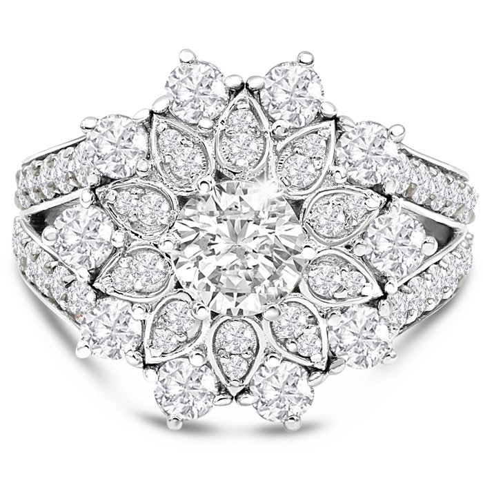 14K White Gold (7.40 g) 3 Carat Diamond Flower Ring  w/ 3/4 Carat Center Diamond  Size 6 by SuperJeweler