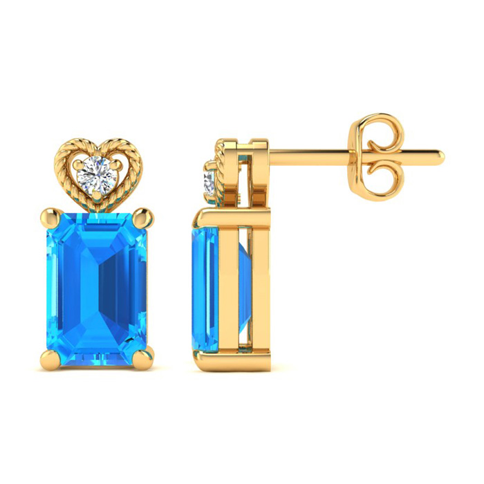 1 Carat Octagon Shape Blue Topaz & Diamond Earrings in Yellow Gold (2 g),  by SuperJeweler