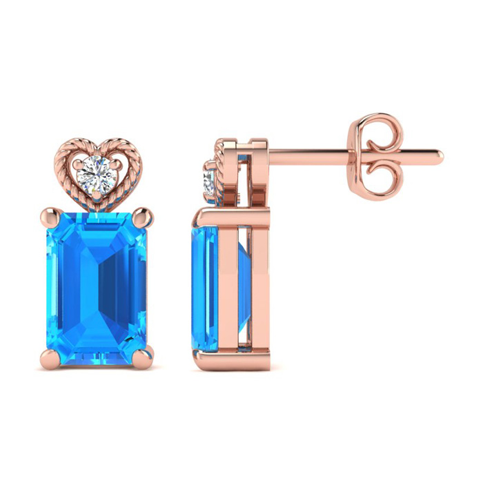 1 Carat Octagon Shape Blue Topaz & Diamond Earrings in Rose Gold (2 g),  by SuperJeweler