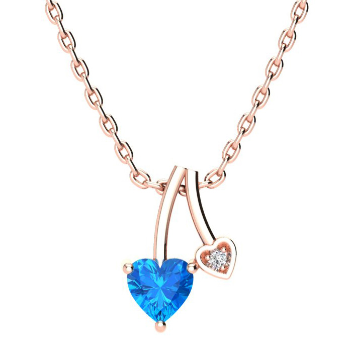 1/2 Carat Heart Shaped Blue Topaz & Diamond Necklace in Rose Gold (3 g), , 18 Inch Chain by SuperJeweler