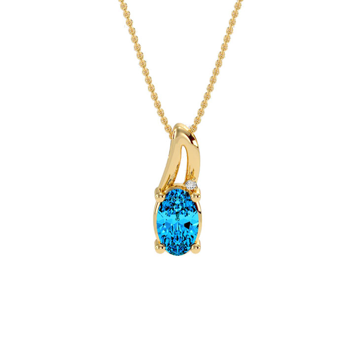 1/2 Carat Oval Shape Blue Topaz & Diamond Necklace in Yellow Gold (3 g), , 18 Inch Chain by SuperJeweler