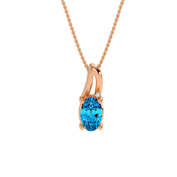 1/2 Carat Oval Shape Blue Topaz & Diamond Necklace in Rose Gold (3 g), , 18 Inch Chain by SuperJeweler