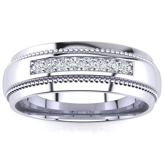 7mm Diamond Men's Satin Finished Milgrain Wedding Band in White Gold (8 g), G-H Color, Size 10 by SuperJeweler