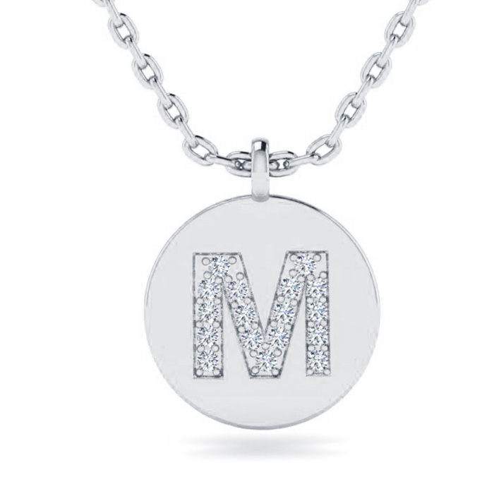 Letter M Diamond Initial Necklace in 14K White Gold (2 g) w/ 17 Diamonds, , 18 Inch Chain by SuperJeweler