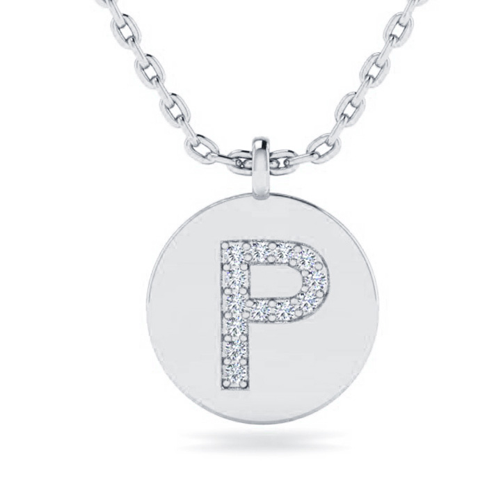 Letter P Diamond Initial Necklace in 14K White Gold (2 g) w/ 13 Diamonds, , 18 Inch Chain by SuperJeweler