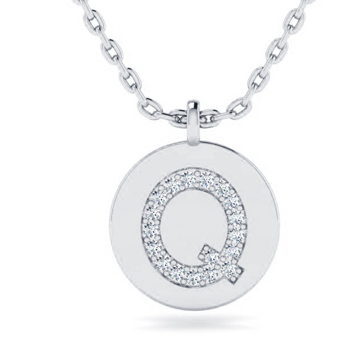 Letter Q Diamond Initial Necklace in 14K White Gold (2 g) w/ 18 Diamonds, , 18 Inch Chain by SuperJeweler