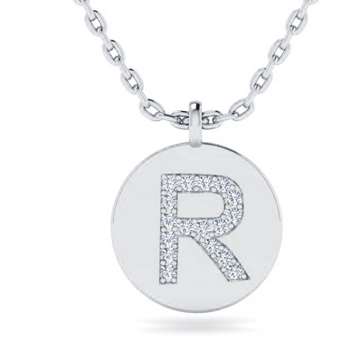 Letter R Diamond Initial Necklace in 14K White Gold (2 g) w/ 17 Diamonds, , 18 Inch Chain by SuperJeweler