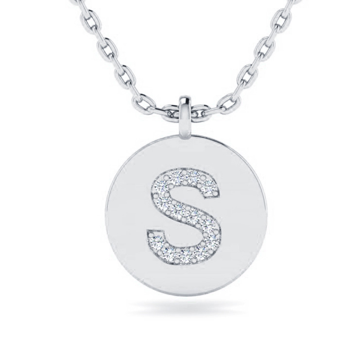 Letter S Diamond Initial Necklace in 14K White Gold (2 g) w/ 14 Diamonds, , 18 Inch Chain by SuperJeweler