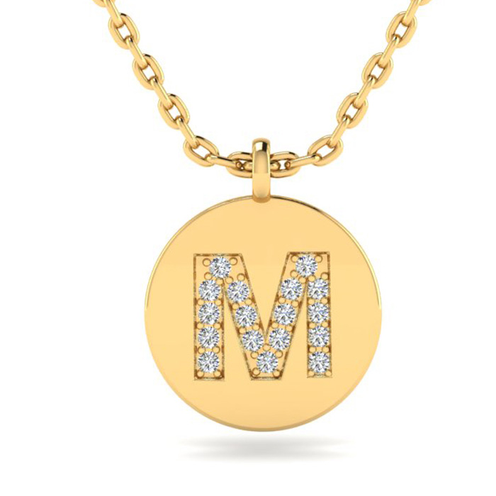 Letter M Diamond Initial Necklace in 14K Yellow Gold (2 g) w/ 17 Diamonds, , 18 Inch Chain by SuperJeweler