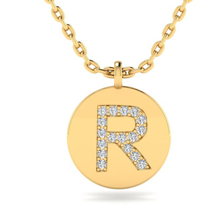 Letter R Diamond Initial Necklace in 14K Yellow Gold (2 g) w/ 17 Diamonds, , 18 Inch Chain by SuperJeweler