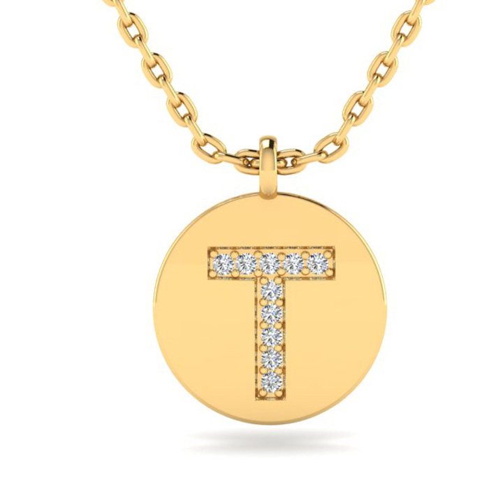 Letter T Diamond Initial Necklace in 14K Yellow Gold (2 g) w/ 10 Diamonds, , 18 Inch Chain by SuperJeweler