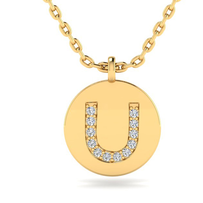 Letter U Diamond Initial Necklace in 14K Yellow Gold (2 g) w/ 12 Diamonds, , 18 Inch Chain by SuperJeweler