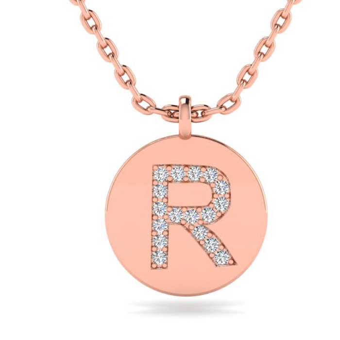 Letter R Diamond Initial Necklace in 14K Rose Gold (2 g) w/ 17 Diamonds, , 18 Inch Chain by SuperJeweler