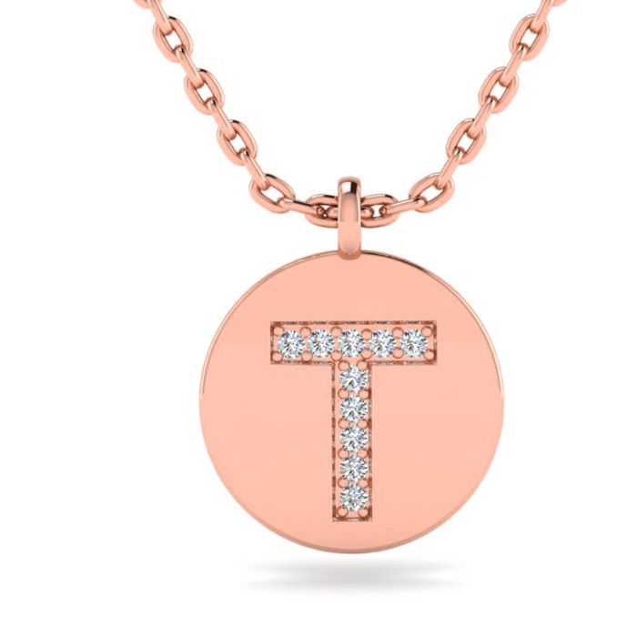 Letter T Diamond Initial Necklace in 14K Rose Gold (2 g) w/ 10 Diamonds, , 18 Inch Chain by SuperJeweler