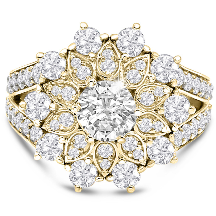 14K Yellow Gold (7.40 g) 3 Carat Diamond Flower Ring  w/ 3/4 Cara