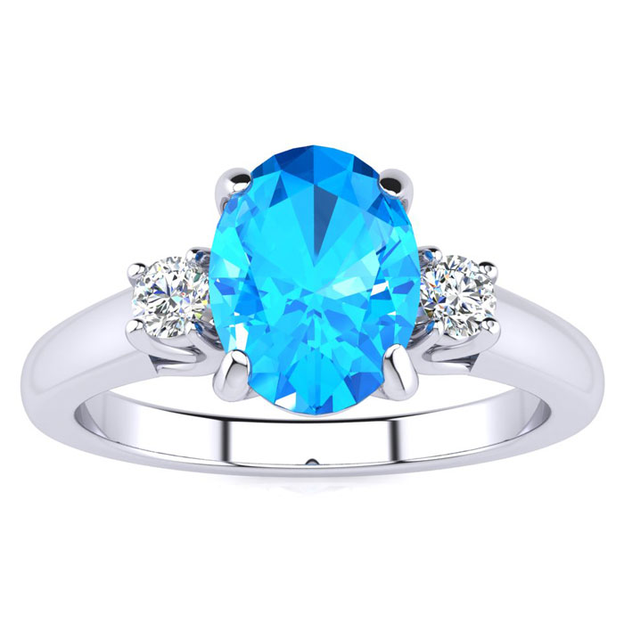 1.5 Carat Oval Shape Blue Topaz & Two Diamond Ring,  in Sterling Silver by SuperJeweler