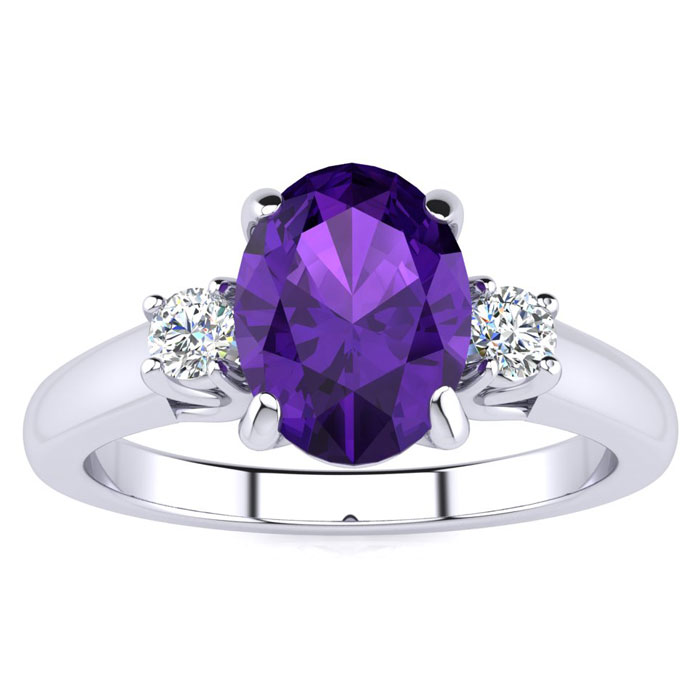 1.15 Carat Oval Shape Amethyst & Two Diamond Ring,  in Sterling Silver by SuperJeweler