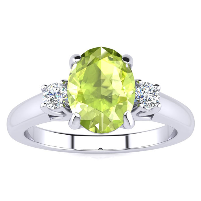 1.5 Carat Oval Shape Peridot & Two Diamond Ring,  in Sterling Silver by SuperJeweler