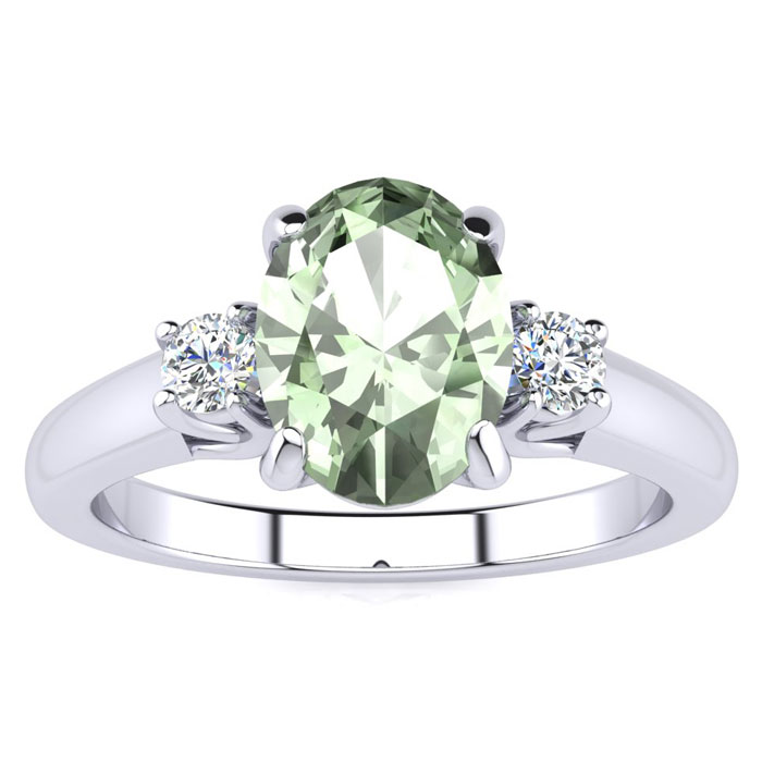 1.15 Carat Oval Shape Green Amethyst & Two Diamond Ring,  in Sterling Silver by SuperJeweler