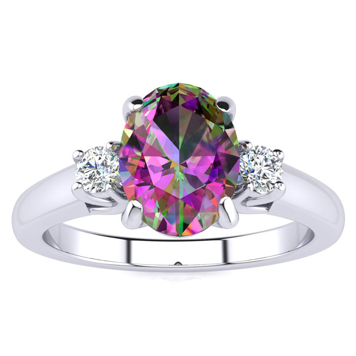 1.5 Carat Oval Shape Mystic Topaz & Two Diamond Ring,  in Sterling Silver by SuperJeweler