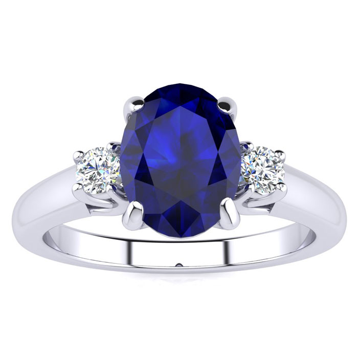 1 3/4 Carat Oval Shape Sapphire & Two Diamond Ring,  in Sterling Silver by SuperJeweler