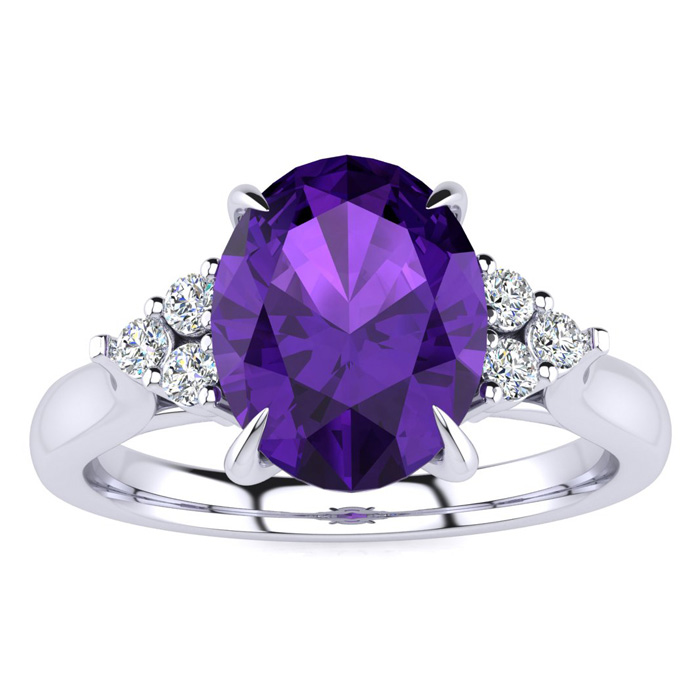 1.5 Carat Oval Shape Amethyst & 6 Diamond Ring in 14K White Gold (4 g), , Size 4 by SuperJeweler