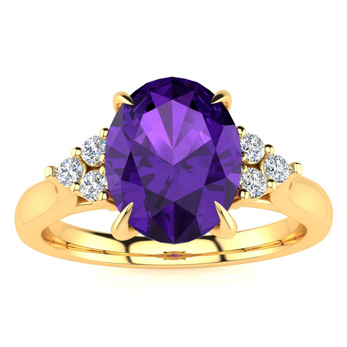 1.5 Carat Oval Shape Amethyst & 6 Diamond Ring in 14K Yellow Gold (4 g), , Size 4 by SuperJeweler