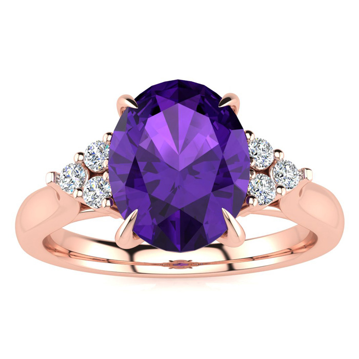 1.5 Carat Oval Shape Amethyst & 6 Diamond Ring in 14K Rose Gold (4 g), , Size 4 by SuperJeweler