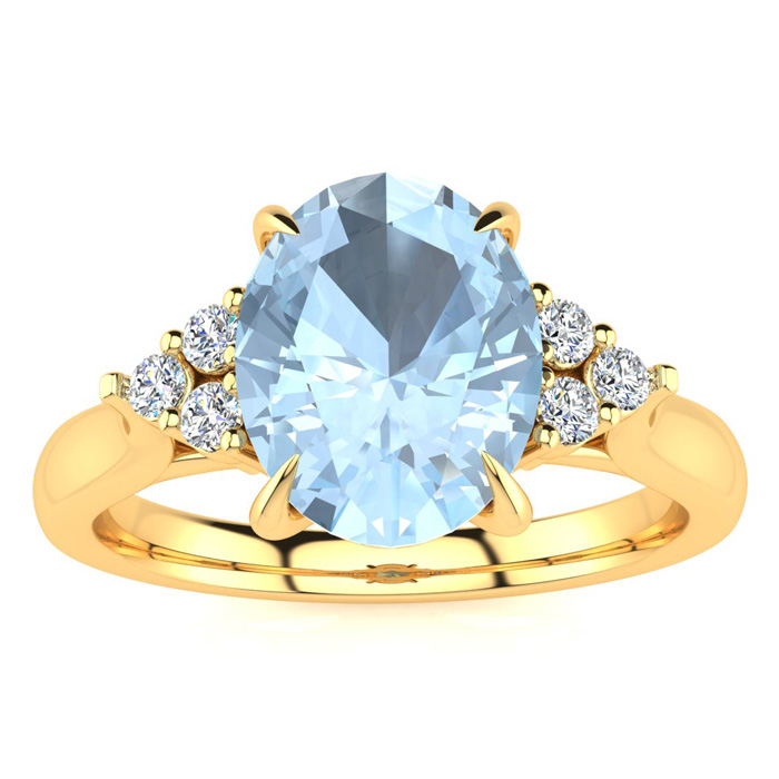 1 3/4 Carat Oval Shape Aquamarine & 6 Diamond Ring in 14K Yellow Gold (4 g), , Size 4 by SuperJeweler