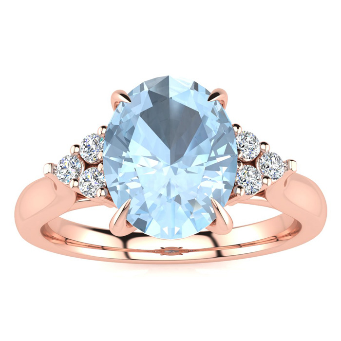 1 3/4 Carat Oval Shape Aquamarine & 6 Diamond Ring in 14K Rose Gold (4 g), , Size 4 by SuperJeweler