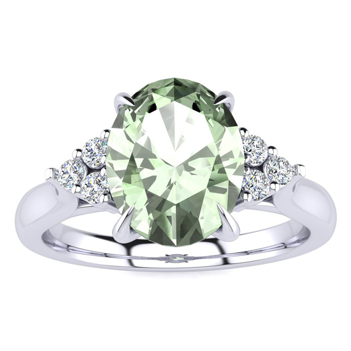 1.5 Carat Oval Shape Green Amethyst & 6 Diamond Ring in 14K White Gold (4 g), , Size 4 by SuperJeweler