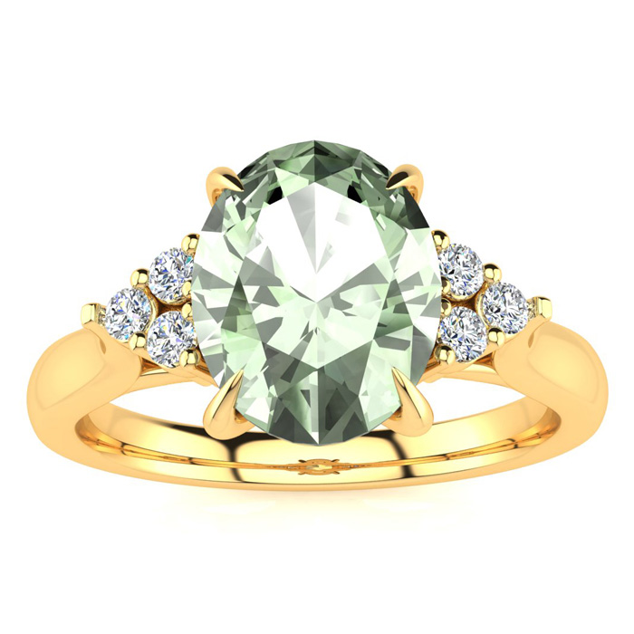 1.5 Carat Oval Shape Green Amethyst & 6 Diamond Ring in 14K Yellow Gold (4 g), , Size 4 by SuperJeweler