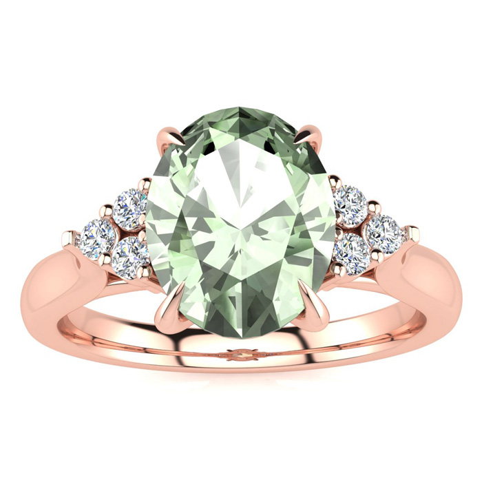 1.5 Carat Oval Shape Green Amethyst & 6 Diamond Ring in 14K Rose Gold (4 g), , Size 4 by SuperJeweler