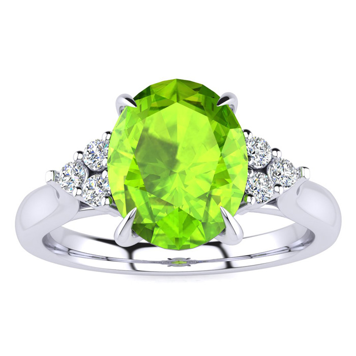 2 Carat Oval Shape Peridot & 6 Diamond Ring in 14K White Gold (4 g), , Size 4 by SuperJeweler