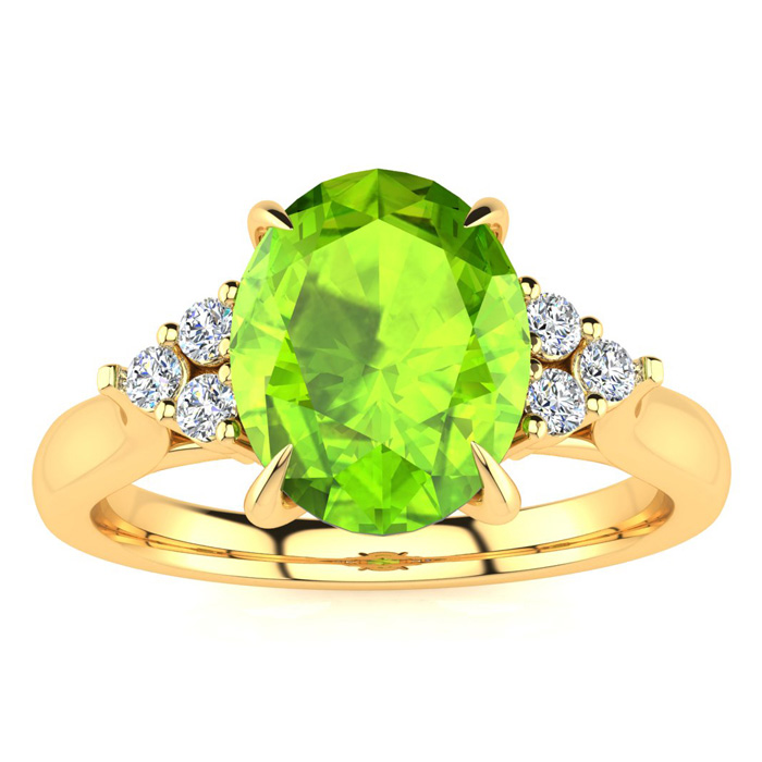 2 Carat Oval Shape Peridot & 6 Diamond Ring in 14K Yellow Gold (4 g), , Size 4 by SuperJeweler