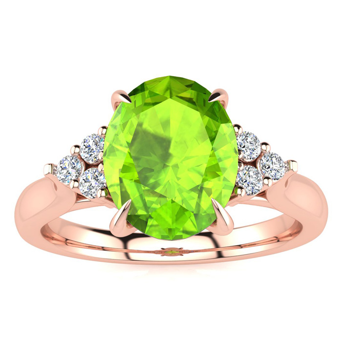 2 Carat Oval Shape Peridot & 6 Diamond Ring in 14K Rose Gold (4 g), , Size 4 by SuperJeweler