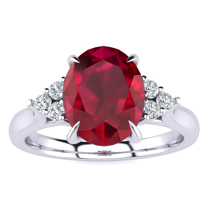 3 Carat Oval Shape Ruby & 6 Diamond Ring in 14K White Gold (4 g), , Size 4 by SuperJeweler