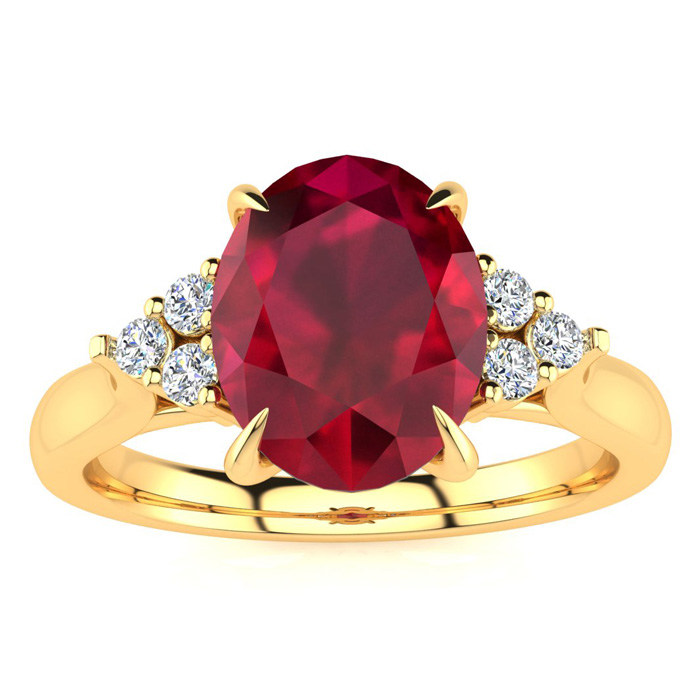 3 Carat Oval Shape Ruby & 6 Diamond Ring in 14K Yellow Gold (4 g), , Size 4 by SuperJeweler