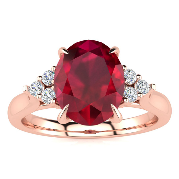 3 Carat Oval Shape Ruby & 6 Diamond Ring in 14K Rose Gold (4 g), , Size 4 by SuperJeweler