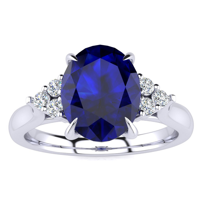 3 Carat Oval Shape Sapphire & 6 Diamond Ring in 14K White Gold (4 g), , Size 4 by SuperJeweler