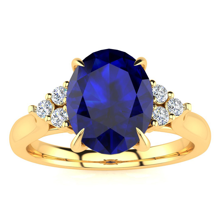 3 Carat Oval Shape Sapphire & 6 Diamond Ring in 14K Yellow Gold (4 g), , Size 4 by SuperJeweler