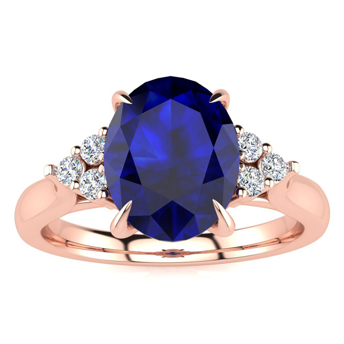 3 Carat Oval Shape Sapphire & 6 Diamond Ring in 14K Rose Gold (4 g), , Size 4 by SuperJeweler